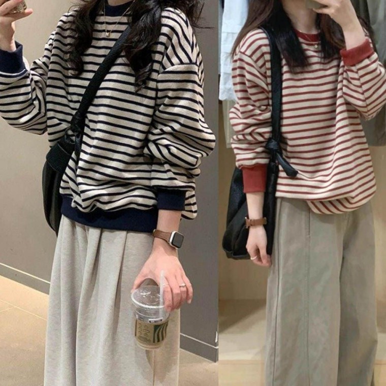 여성 데일리 외출 줄무늬 스트라이프 라운드넥 긴팔 티셔츠 얇은 니트티 가을 겨울 골지