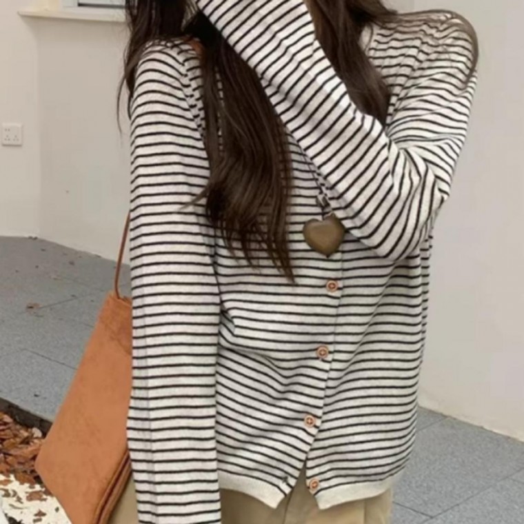 여성 스트라이프 가디건 라운드 단추 줄무늬 긴팔 단가라 간절기 데일리