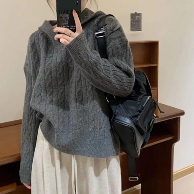 여성 겨울 외출 꽈배기 케이블 짜임 루즈핏 스타일 후드 니트 티셔츠 얇은 니트티 긴팔
